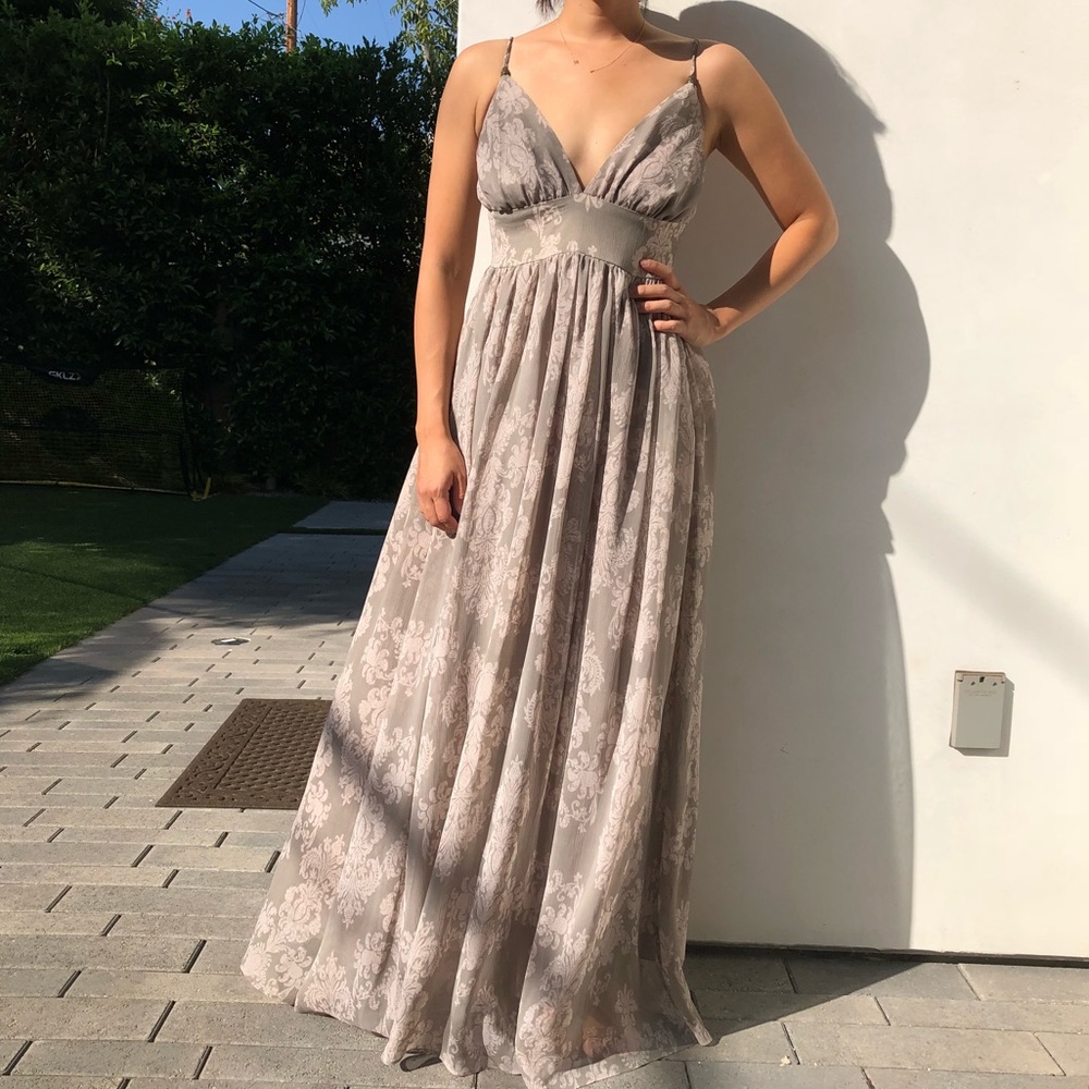 Grey patterned chiffon maxi gown